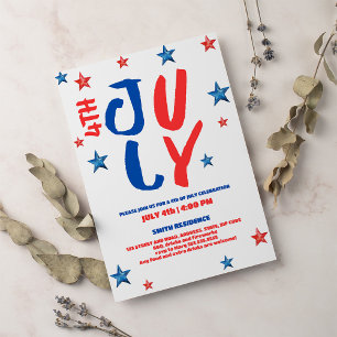 Modern rood blauw waterverf typografie 4 juli kaart