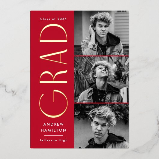 Modern rood en goud foto Afstuderen aankondiging (Voorkant)