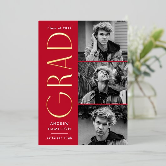 Modern rood en goud foto Afstuderen aankondiging (Staand Voorkant)
