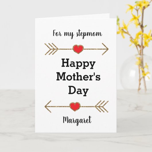 Modern Rood en Gouden Gelukkig Moederdag Stepmom Kaart (Gele Bloem)