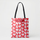 Modern Rood en Wit Doodled Heart Valentijn Naam Draagtas (Voorkant)