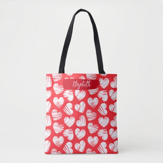 Modern Rood en Wit Doodled Heart Valentijn Naam Draagtas (Voorkant)