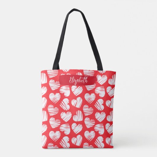 Modern Rood en Wit Doodled Heart Valentijn Naam Draagtas (Achterkant)