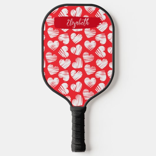 Modern Rood en Wit Doodled Heart Valentijn Naam Pickleball Paddle (Voorkant)