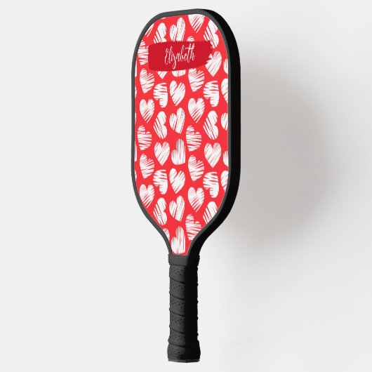 Modern Rood en Wit Doodled Heart Valentijn Naam Pickleball Paddle (Links)