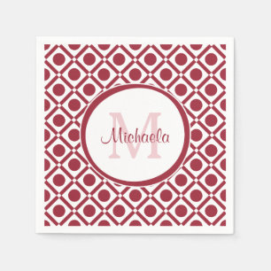 Modern rood en wit geometrisch monogram en naam servet