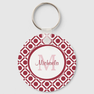 Modern rood en wit geometrisch monogram en naam sleutelhanger