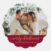 Modern Rood Goud Script 2 Foto Kerstmis Ornament Kaart (Voorkant)