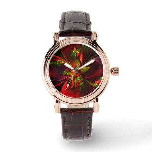 Modern rood groen bloemig Abstract kunstpatroon #0 Horloge