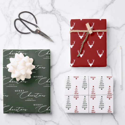 Modern rood groen en wit vrolijk kerstscript inpakpapier vel (Voorkant)