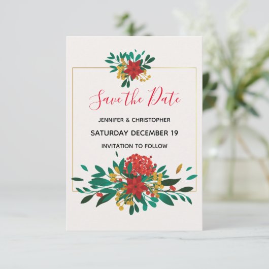 Modern Rood Groen & Goud Kerstboeket Bruiloft Save The Date (Staand voorkant)