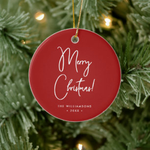 Modern rood kalligrafie script vrolijk kerstfeest keramisch ornament