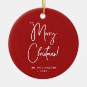 Modern rood kalligrafie script vrolijk kerstfeest keramisch ornament (Voorkant)