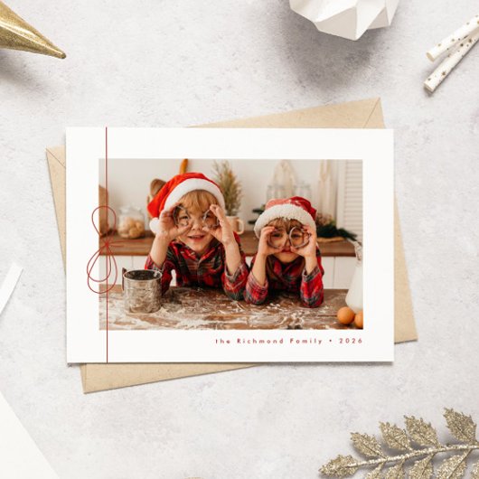 Modern rood lint kerstfoto vakantie Kaart