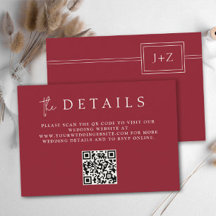 Modern rood Minimal Monogram QR Code Details Informatiekaartje
