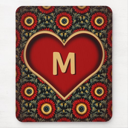 Modern rood monogram Heart Mousepad Muismat (Voorkant)