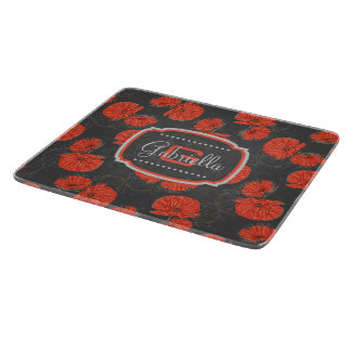 Modern rood papaverpatroon Monogram op leigrijs Snijplank