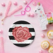 Modern rood roos zwart wit gestreept bruiloft papieren bordje (Feest)