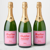 Modern Rood Roze Handschrift Retro Bruiloft Sparkling Wijnetiket (Flessen)