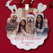Modern Rood Script Wit 2 Foto Kerstmis Ornament Kaart