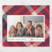 Modern rood wit blauw geruite kerst familie foto likeurfles etiket (Enkel label)