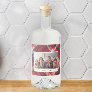 Modern rood wit blauw geruite kerst familie foto likeurfles etiket