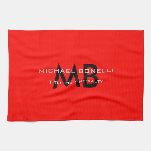Modern rood zwart monogram initialen theedoek (Horizontaal)