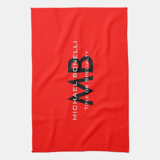 Modern rood zwart monogram initialen theedoek (Verticaal)