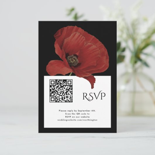 Modern Rood Zwart RSVP met QR Code Bruiloft Informatiekaartje (Staand voorkant)