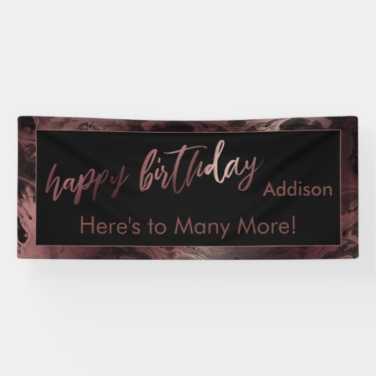 Modern Roos Gold & Black Marbled Happy Birthday Spandoek (Horizontaal)