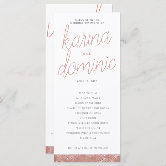 Modern Roos Gold Brush Stroke Wedding Programme Programma (Voorkant / Achterkant)