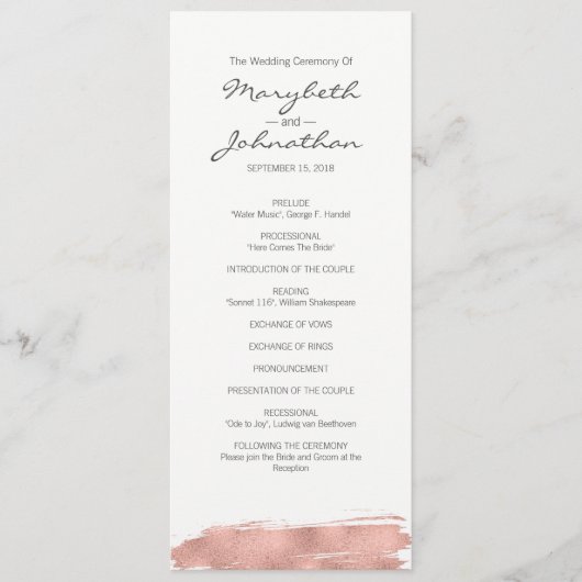 Modern Roos Gold Brushstroke Wedding Programme Programma (Voorkant)