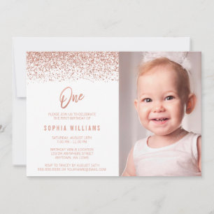 Modern Roos Gold Faux Glitter 1e Verjaardag Foto Kaart