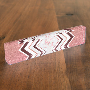 Modern Roos Gold Glitter Chevron Monogram Naambordje