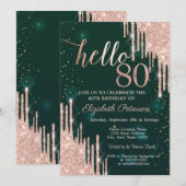 Modern Roos Gold Glitter Drips Groen 80ste Verjaar Kaart (Voorkant / Achterkant)