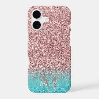 Modern Roos Gold Glitter en Blauwgroen Ombre Monog