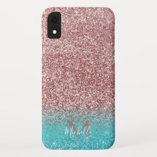 Modern Roos Gold Glitter en Blauwgroen Ombre Monog iPhone XR Hoesje