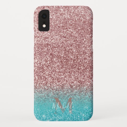 Modern Roos Gold Glitter en Blauwgroen Ombre Monog Case-Mate iPhone Case (Achterkant)