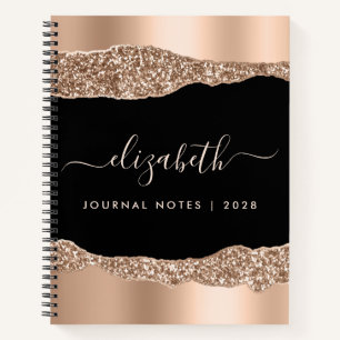 Modern Roos Gold Glitter Monogrammed Black Notitieboek