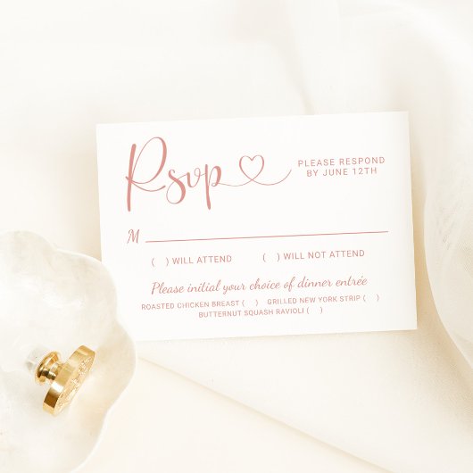 Modern Roos Gold Heart Calligraphy Script Wedding RSVP Kaartje