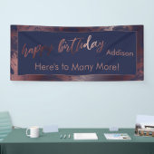 Modern Roos Gold Navy Blue Marble Happy Birthday Spandoek (Beurs)