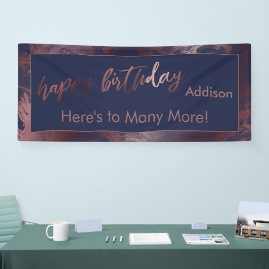 Modern Roos Gold Navy Blue Marble Happy Birthday Spandoek (Beurs)