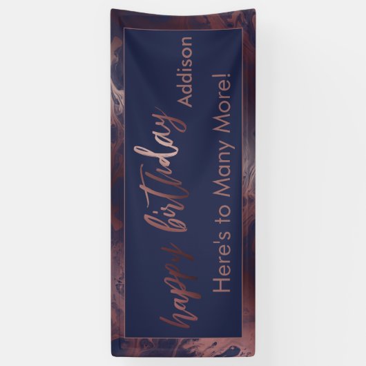 Modern Roos Gold Navy Blue Marble Happy Birthday Spandoek (Verticaal)