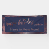Modern Roos Gold Navy Blue Marble Happy Birthday Spandoek (Horizontaal)