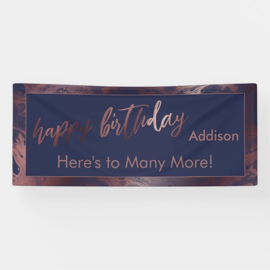 Modern Roos Gold Navy Blue Marble Happy Birthday Spandoek (Horizontaal)