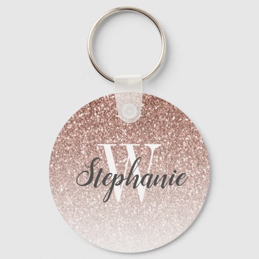 Modern Roos Gold Ombre Faux Glitter Monogram Sleutelhanger (Voorkant)