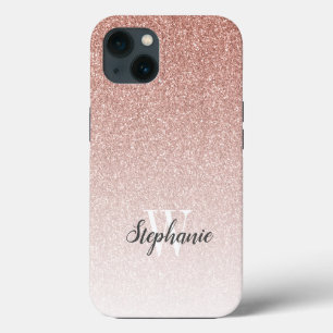 Modern Roos Gold Ombre Glitter Monogram iPhone 13 Hoesje