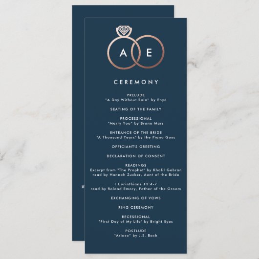 Modern Roos Gold Rings Marineblauw trouwprogramma Programma (Voorkant / Achterkant)