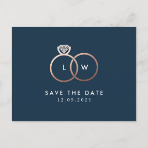 Modern Roos Gold Rings Monogram Navy Save the Date Briefkaart
