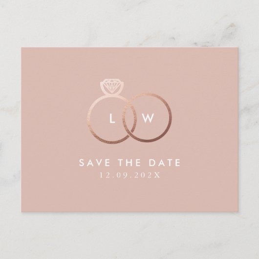 Modern Roos Gold Rings Monogram Save the Date Briefkaart (Voorkant)